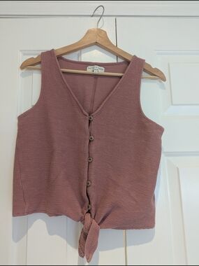 Madewell Texture Mauve Pink Button Front Tie Hem Knit Tank Sleeveless Top S/M